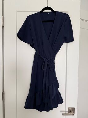 Women’s Navy Wrap Dress with Ruffle Hem